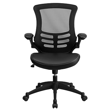 Flash Furniture BLX5MLEA Leather Soft Mid-Back Exec Chair with Flip Up Arms, Black
