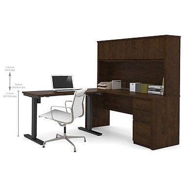 Bestar Prestige + L-Desk with Hutch, Electric Height Adjustable Table, Chocolate