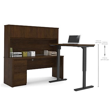 Bestar Prestige + L-Desk with Hutch, Electric Height Adjustable Table, Chocolate